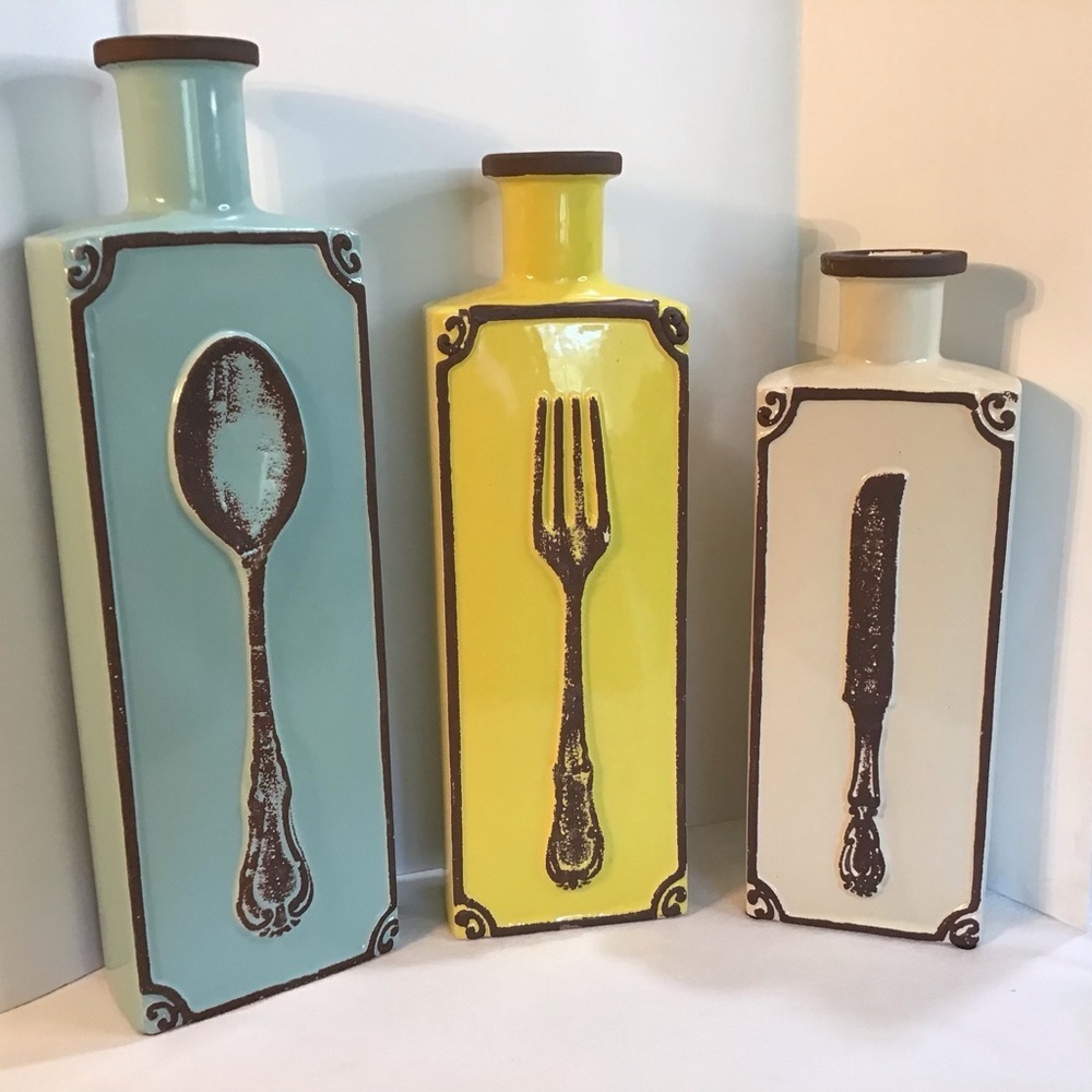 Ceramic Amici Home 3 piece decorative knife spoon & fork‎ in yellow beige blue